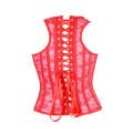 White and Red Lace Overlay Corset With Racer-back Straps, Hook and Eye Front Closure, and Lace-up Ba