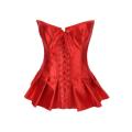Red Satin Boned Corset With Ruffled Skirt, Hook and Eye Closures in Back, and Satin Ribbon Lace-up F
