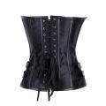 Black Satin Boned Corset With Buckle Accents, Silver Hook Front Closures, and Black Shoestring Lace-
