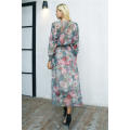 Elegant floral print long dress women two piece maxi chiffon dress autumn Casual high waist elastic