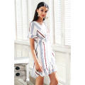 V neck stripe ruffle summer dress women Wrap style cotton short dress 2018 Streetwear casual dress f