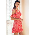 V neck floral print mini dress Ruffle frill strap short summer dress Sexy backless tie up beach vest