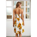 Strap v neck summer dress women Sunflower print backless casual dress vestidos Smocking high waist m
