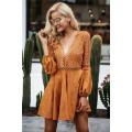 Sexy lace up v neck suede lace dress women Hollow out flare sleeve winter dress party christmas Autu