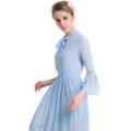 Solid Blue Round Neck 3/4 Sleeves Chiffon Maxi Sheath Dress