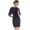 Dark Blue Ladies Dress Cape Shoulder Slim Thin Package Hip Short Dress