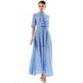 Solid Blue Collar Half Sleeve Temperamental Lady Slim Maxi Dress