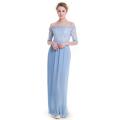 Sky Blue Lace Off Shoulder Sheath Fairy Maxi Dress