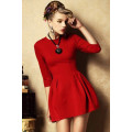 Classic Hot Red High Waist Mini Dress with Round Neckline and Half Sleeves