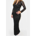 Black Full Length Gown with Long Sleeves and Lacy Overlay