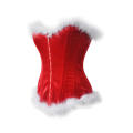 Red Overbust Christmas Steel Boned Corset With White Fur Trim and Front Zipper