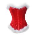 Red Overbust Christmas Steel Boned Corset With White Fur Trim and Front Zipper