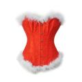 Front Busk Red Brocade Overbust Christmas Corset With White Fur Trim