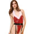 Sexy Red Halter Christmas Teddy With White Fur Trims And Garter Belt
