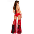 Go Go Dancer Costume With Red Velvet Bikini, Black Trim, Tassel Leggings, and Fur Boot Covers