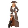 Alluring Pirate Charmer Soft Brown Long Gown Longsleeve Black Edges Pattern Belt Partly Covering Whi