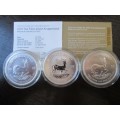 ( ONE SET )   THE FIRST THREE YEARS     SILVER KRUGERRANDS  999.9% PURITY  ( BID PER SET )