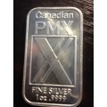 1oz    CANADIAN PMX     999.9%    PURE SOLID SILVER    RECTANGULAR BAR