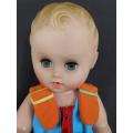 Vintage 1950s Vinyl Rubber 16` Baby Doll Sleep Eyes Posable Toy in new clothes