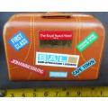 Collectable miniature imitation leather suitcase with labels (Souvenir from Royal Swazi Hotel?) Doll