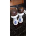 Vintage Wooden and Porcelain Salt & Pepper Shakers  - Farmhouse Decor