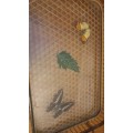 Vintage 70`s Butterfly Coaster Set With Serving Tray, Wooden Edges,