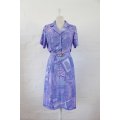 VINTAGE PRINTED PURPLE BELTED DAY DRESS - SIZE 14