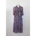 VINTAGE FLORAL PRINT NAVY RED DROP WAIST DAY DRESS - SIZE 14