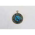 VINTAGE BLUE INLAY BRASS LARGE PENDANT FOR NECKLACE
