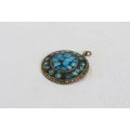 VINTAGE BLUE INLAY BRASS LARGE PENDANT FOR NECKLACE