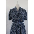VINTAGE NAVY BLUE WHITE PRINTED BELTED DAY DRESS - SIZE 14