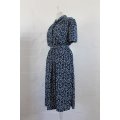 VINTAGE NAVY BLUE WHITE PRINTED BELTED DAY DRESS - SIZE 14
