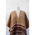 VINTAGE BROWN PRINT WOOL FRINGED SHAWL PONCHO - ONE SIZE