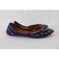 PAKISTANI BLUE VELVET GENUINE LEATHER EMBROIDERED KHUSSA SHOES - SIZE 8