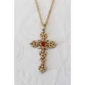 VINTAGE GOLD PLATED RED STONE CROSS PENDANT CHAIN NECKLACE