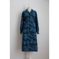 VINTAGE BLUE ABSTRACT PRINT LONG SLEEVE BELTED DAY DRESS - SIZE 20