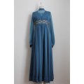 VINTAGE BLUE GOLD SHEER SLEEVES EVENING DRESS GOWN - SIZE 12