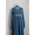 VINTAGE BLUE GOLD SHEER SLEEVES EVENING DRESS GOWN - SIZE 12
