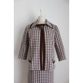 VINTAGE TWO PIECE HOUNDSTOOTH CHECK BROWN DRESS JACKET SET - SIZE 18