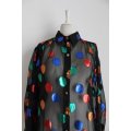 VINTAGE SHEER SPOTTED BLACK LONG SLEEVE SHIRT TOP BLOUSE - SIZE 18