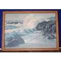 A MAGNIFICENT LARGE VINTAGE PRINT IN A WOODEN FRAME WITH A BEAUTIFUL OCEAN SCENE!!!