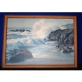 A MAGNIFICENT LARGE VINTAGE PRINT IN A WOODEN FRAME WITH A BEAUTIFUL OCEAN SCENE!!!