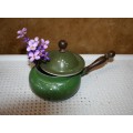 Vintage Enamel  Sauce Pot in a Avocado Green. Retro Kitchen ware1960s with a long wooden handled