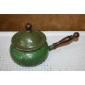 Vintage Enamel  Sauce Pot in a Avocado Green. Retro Kitchen ware1960s with a long wooden handled
