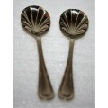 Two Vintage Deep silver Shell Sugar Spoon ... SIPELIA RUSLESS NICKLE SILVER SHEFFIELD ENGLAND