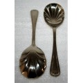 Two Vintage Deep silver Shell Sugar Spoon ... SIPELIA RUSLESS NICKLE SILVER SHEFFIELD ENGLAND