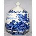 This is a William James English Porcelain Sugar bowl. The blue and white colors are of two people