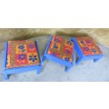 WOW THREE VIBRANT BLUE STACKABLE VINTAGE STOELS COVER IN A BEAUTIFUL INDIAN FABRIC BID PER EACH