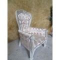 A STYLISH CHABBY CHIC ARM CHAIR FIT FOR A KING OR A QUEEN THE FABRIC AND DETAIL ARE JUST MARVELOUS