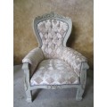 A STYLISH CHABBY CHIC ARM CHAIR FIT FOR A KING OR A QUEEN THE FABRIC AND DETAIL ARE JUST MARVELOUS